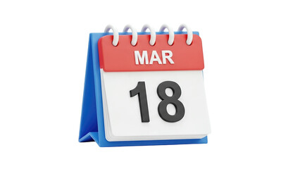 3D Desk Calendar with March 18 Date on transparent background