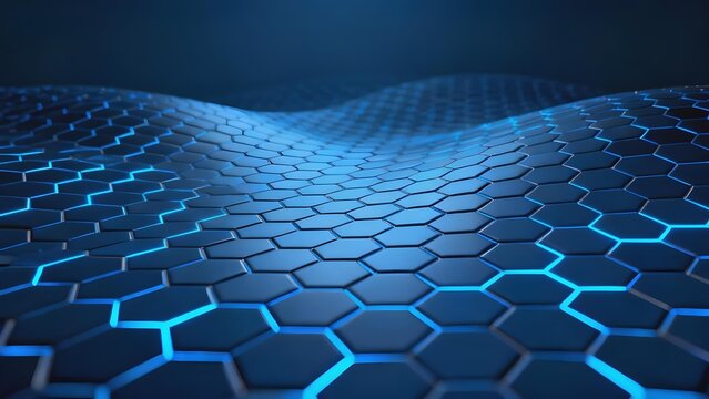 A futuristic hexagonal grid surface with glowing blue lines, forming a wavy pattern under dark ambient lighting.