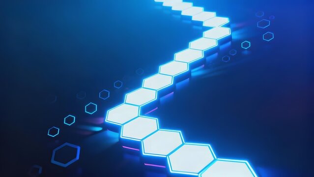 Neon blue hexagonal pathway glowing in a dark futuristic environment - Powered by Adobe