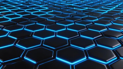 A futuristic hexagonal grid with glowing blue edges on a dark surface