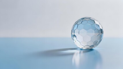 A faceted crystal sphere resting on a reflective blue surface with soft lighting.