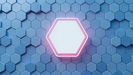 Neon hexagon glowing on a blue hexagonal patterned background