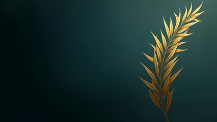 Elegant golden palm frond on a dark teal background, minimalist and luxurious design.
