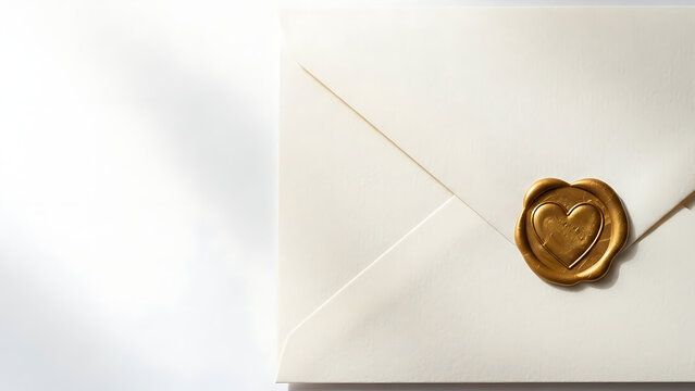 A pristine white envelope adorned with a golden wax seal featuring a delicate heart emblem, conveying a message of affection.