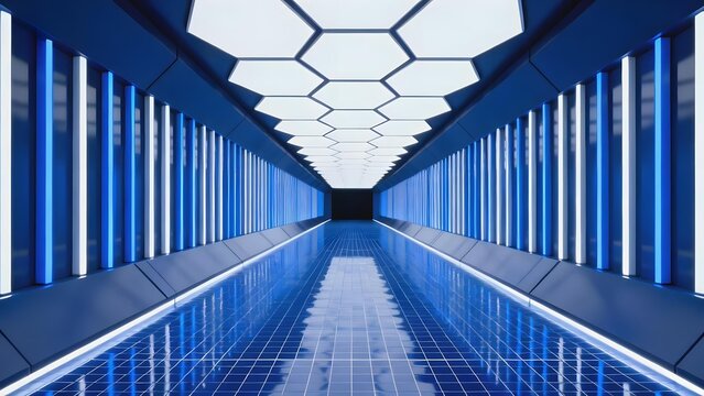 Futuristic blue corridor with hexagonal ceiling lights and reflective floor