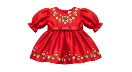 Red Baby Dress with Floral Embroidery, Puffed Sleeves, and Bow Detail isolated PNG with Transparent Background