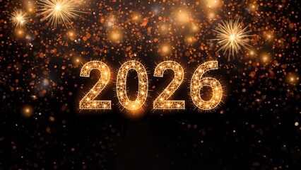 Golden fireworks and sparkling lights celebrate the year 2026 in a festive and joyful atmosphere with glittering confetti and shining stars