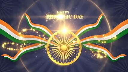 Capital festive india republic day theme shown in smooth motion visual scene with shining ashoka wheel and flowing tricolor ribbon artwork used as animated patriotic celebration background concept