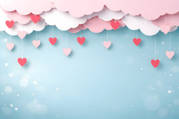 Paper Craft Hanging Hearts from Pastel Clouds on Teal  Background with bokeh effect