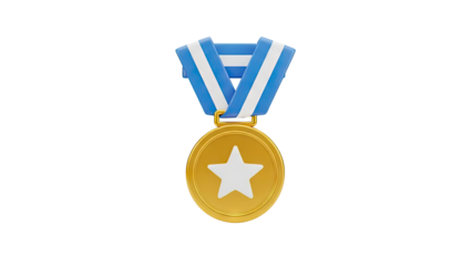 3D Gold star medal with blue and white ribbon on transparent background