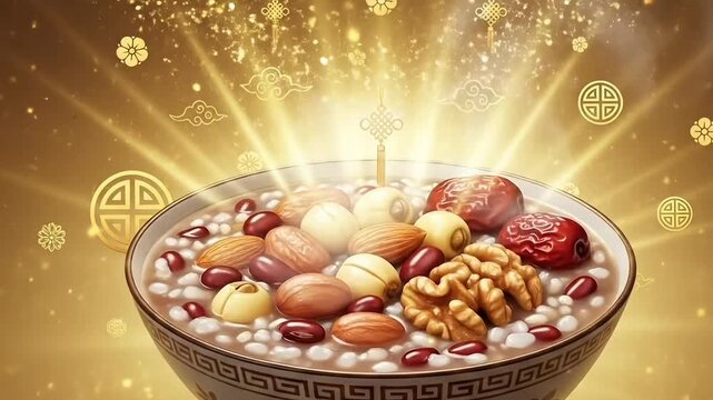 Animated motion illustration of the laba festival porridge bowl with grains nuts beans dates and cultural celebration elements for holiday video background footage