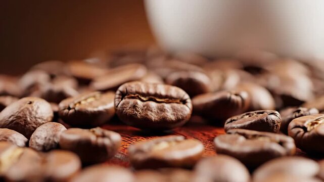 Close up of steaming hot coffee cup with roasted coffee beans.