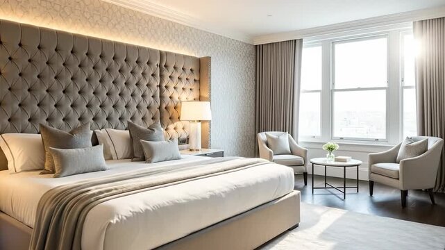 Luxurious hotel suite with plush king bed and elegant seating.