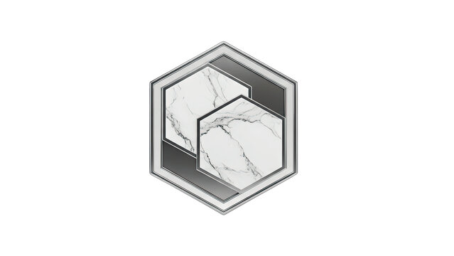 3D Hexagon shapes with marble texture and metallic frame on transparent background