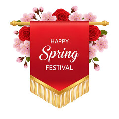 Red Banner Happy Spring Festival Banner with Cherry Blossoms and Roses on a white Background
