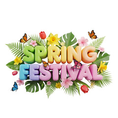 Spring Festival Celebration with Colorful Flowers and Butterflies on a white Background