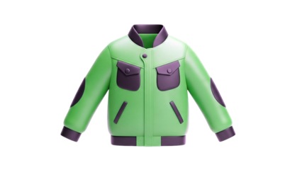 3D Green bomber jacket with purple accents on transparent background