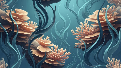underwater coral reef thriving in a deep sea marine ecosystem providing a serene environmental background for natural biology.