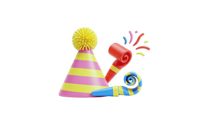 3D Party hat and noise makers with confetti on transparent background