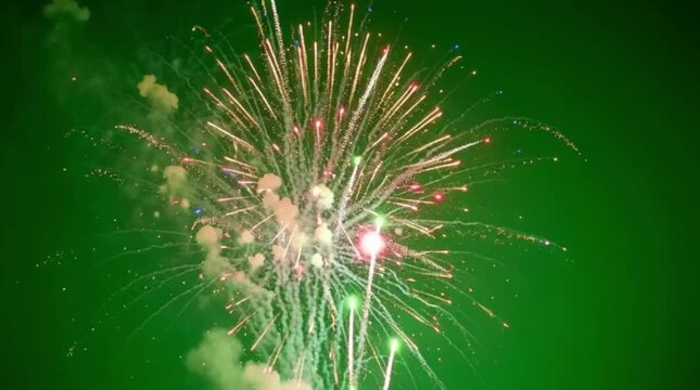  Exploding fireworks with fiery flames on green screen background for overlay use