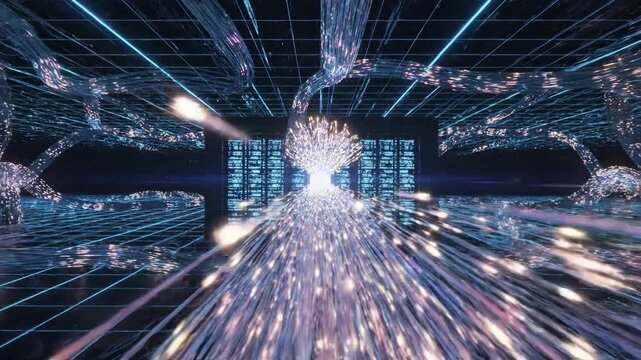 Abstract image with network of blue lines and blurry golden light patterns fading in the distance