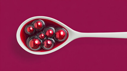Spoon with Red Orbs in Red Liquid Close Up food drink