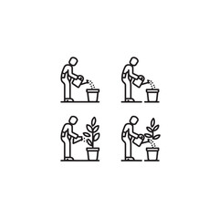 Man Watering Plant icon line art plant care