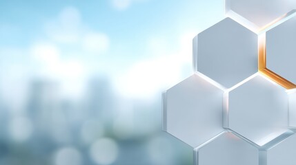 Abstract hexagon structures with bright light on a blurred urban background, representing innovation, technology, and modern design elements for stock use