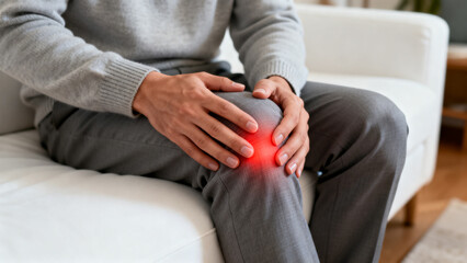 Close‑up of person holding knee with red glow effect indicating joint pain and discomfort while seated on white couch