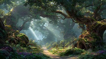 Sun- Dappled Forest Path Lined with Wildflowers and Ancient Trees
