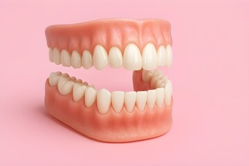 Obraz premium Realistic 3D Denture Illustration – Upper and Lower Artificial Teeth with Gum Structure on Pink Background