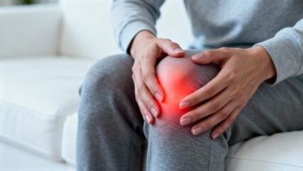 Close‑up of person holding knee with red glow effect indicating joint pain and discomfort while seated on white couch