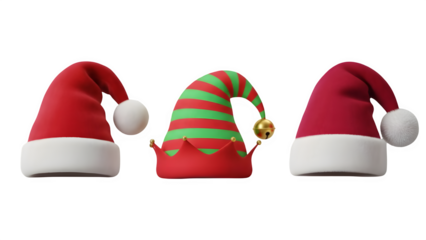 Three santa hats isolated on transparent background with white trim and pom poms
