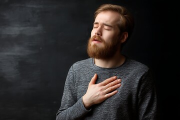 Young Man with Beard Wearing Gray Sweater Holding Hand on Chest Expressing Discomfort in Studio