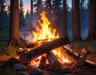 Burning bonfire with blazing flames in the middle of a forest at dusk
