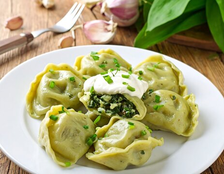 Green-tinted dumplings with creamy topping on a white plate, wooden backdrop and herbs