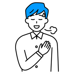 胸に手を当ててホッとする若い男性