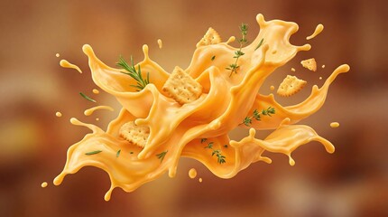 Savory Cheese Sauce Splash with Crispy Crackers and Fresh Herbs Dynamic Food Art