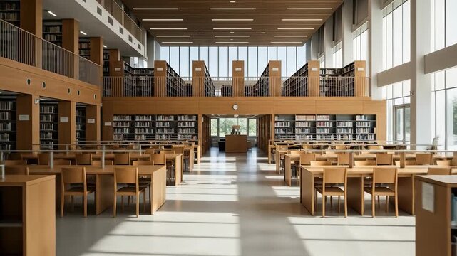 Sunlit Library Hall Rows of Bookshelves  Study Tables in Modern Architecture.