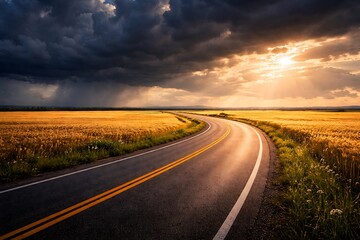 Winding asphalt road through golden wheat field under dramatic stormy sky