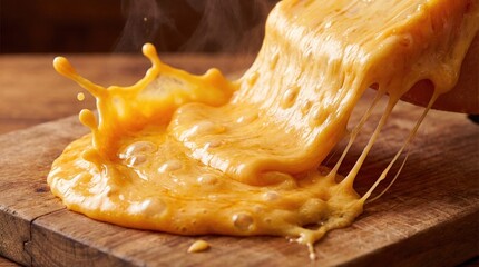 Gooey Melted Cheese Splash on Rustic Wood Board Steaming Delicious Food