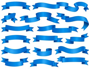 Obraz premium Group of numerous flowing, vibrant blue ribbon banners of varied shapes, sizes, and styles on a white background
