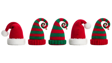 Five christmas hats isolated on transparent background
