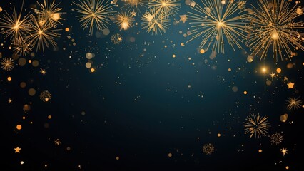Golden fireworks exploding in the night sky with sparkling stars and bokeh lights, creating a festive and celebratory atmosphere with vibrant colors.