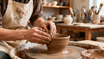 Close-up of potter shaping clay on pottery wheel wearing beige apron in warm creative studio atmosphere