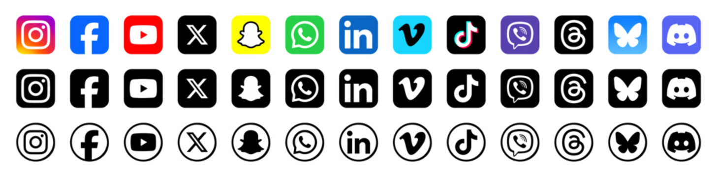 Social media icons 2026. Social network logos vector collection. Instagram, Facebook, YouTube, X , Snapchat, WhatsApp, LinkedIn, Vimeo, TikTok, Viber, Threads, Bluesky, Discord. Editorial set