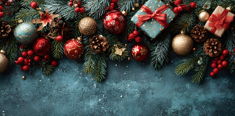 Merry Christmas and Happy Holidays greeting card, frame, banner. New Year. Noel. Christmas ornaments and gift on blue background top view. Winter xmas holiday theme. Flat lay