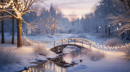 Snowy winter landscape with illuminated bridge and trees stream