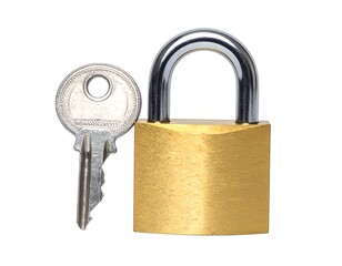 A close-up studio shot shows a golden padlock with a silver key beside it against a white background