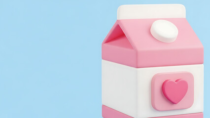 A cute 3D rendered pink and white milk carton with a heart on a light blue background.